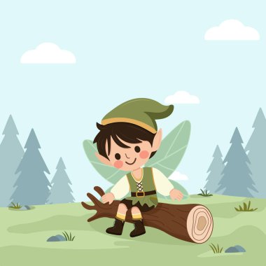 Ormandaki ağaçta oturan kanatlı sevimli peri çocuk. Flora ve Fauna. Poster, Banner, Flyer, tebrik kartı. Çizgi film tarzında vektör illüstrasyonu