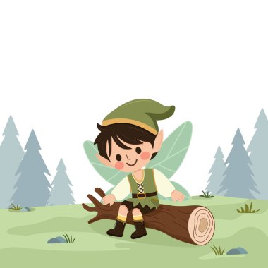 Ormandaki ağaçta oturan kanatlı sevimli peri çocuk. Flora ve Fauna. Poster, Banner, Flyer, tebrik kartı. Çizgi film tarzında vektör illüstrasyonu