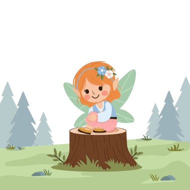 Ormandaki ağaçta oturan kanatlı sevimli peri kız. Flora ve Fauna. Poster, Banner, Flyer, tebrik kartı. Çizgi film tarzında vektör illüstrasyonu