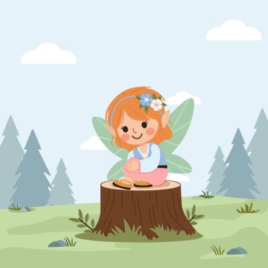 Ormandaki ağaçta oturan kanatlı sevimli peri kız. Flora ve Fauna. Poster, Banner, Flyer, tebrik kartı. Çizgi film tarzında vektör illüstrasyonu