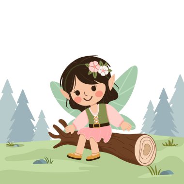 Ormandaki ağaçta oturan kanatlı sevimli peri kız. Flora ve Fauna. Poster, Banner, Flyer, tebrik kartı. Çizgi film tarzında vektör illüstrasyonu