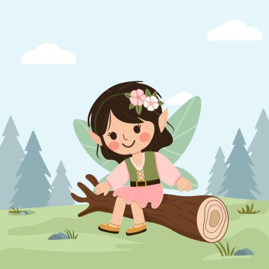 Ormandaki ağaçta oturan kanatlı sevimli peri kız. Flora ve Fauna. Poster, Banner, Flyer, tebrik kartı. Çizgi film tarzında vektör illüstrasyonu