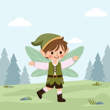 Ormanda kanatlı şirin peri çocuk oynuyor. Flora ve Fauna. Poster, Banner, Flyer, tebrik kartı. Çizgi film tarzında vektör illüstrasyonu