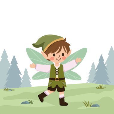 Ormanda kanatlı şirin peri çocuk oynuyor. Flora ve Fauna. Poster, Banner, Flyer, tebrik kartı. Çizgi film tarzında vektör illüstrasyonu