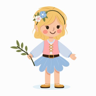 Saçında çiçek olan mutlu ve tatlı bir kız beyaz arka plandaki bir ağacın dalını tutuyor. Poster, Banner, Flyer, tebrik kartı. Çizgi film tarzında vektör illüstrasyonu