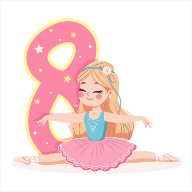 Pembe ve mavi elbiseli güzel balerin kız beyaz arka planda 8 numarayla ayrılıyor. 8 numaralı balerin. Çizgi film tarzında vektör illüstrasyonu