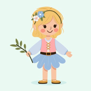 Saçında çiçek olan mutlu ve tatlı bir kız ağaçtan bir dal tutuyor. Poster, Banner, Flyer, tebrik kartı. Çizgi film tarzında vektör illüstrasyonu