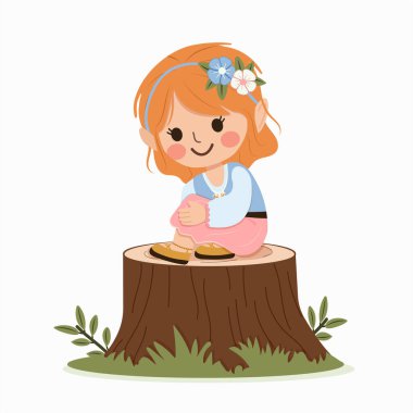 Saçında çiçekle beyaz arka planda bir kütükte oturan mutlu ve tatlı bir kız. Poster, Banner, Flyer, tebrik kartı. Çizgi film tarzında vektör illüstrasyonu