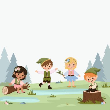 Uluslararası mutlu ve tatlı kızlar ve oğlanlar ormanda beyaz arka planda birlikte oynuyorlar. Poster, Banner, Flyer, tebrik kartı. Çizgi film tarzında vektör illüstrasyonu