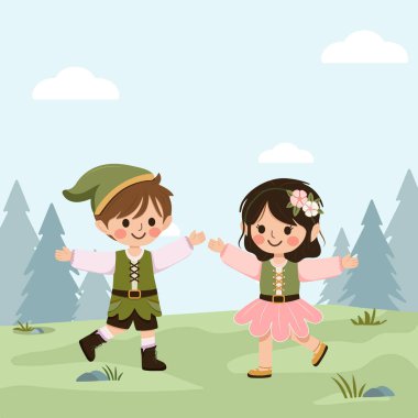 Mutlu ve tatlı kız ve oğlan ormanda birlikte oynuyorlar. Poster, Banner, Flyer, tebrik kartı. Çizgi film tarzında vektör illüstrasyonu