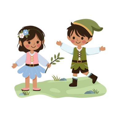 Mutlu ve tatlı siyah kız ve siyah oğlan beyaz arka planda birlikte oynuyorlar. Poster, Banner, Flyer, tebrik kartı. Çizgi film tarzında vektör illüstrasyonu