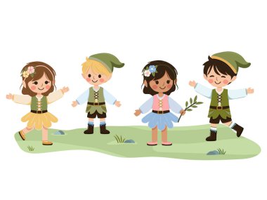 Uluslararası mutlu ve tatlı kızlar ve erkekler ormanda beyaz arka planda birlikte oynuyorlar. Poster, Banner, Flyer, tebrik kartı. Çizgi film tarzında vektör illüstrasyonu