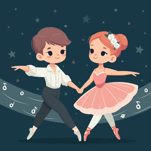 Güzel ve nazik bir çift balerin yıldızlarla ve müzikle dans ediyor. Poster, Banner, Flyer, tebrik kartı. Çizgi film tarzında vektör illüstrasyonu