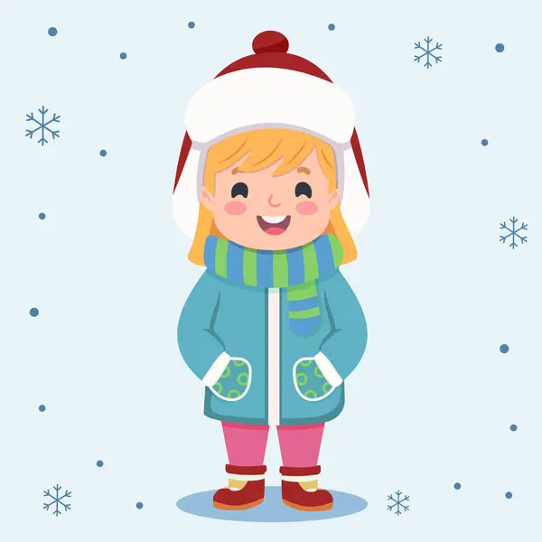 Kış kıyafetleri içinde mutlu ve gülümseyen çocuklar. Poster, Banner, Flyer, tebrik kartı. Çizgi film tarzında vektör illüstrasyonu.