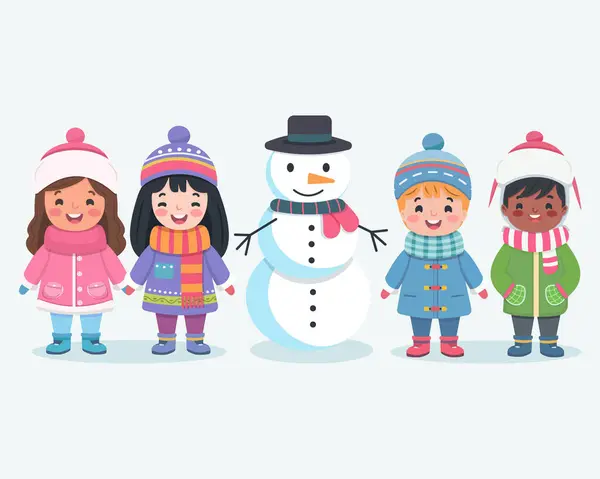 Mutlu Noeller. Sevimli ve dost canlısı çok uluslu çocuklar el ele tutuşuyor ve beyaz arka planda kardan adam var. Poster, Banner, Flyer, tebrik kartı. Çizgi film tarzında vektör illüstrasyonu