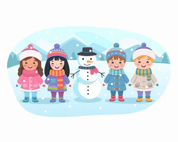 Mutlu Noeller. Sevimli ve dost canlısı çok uluslu çocuklar el ele tutuşuyor ve beyaz arka planda kardan adam var. Poster, Banner, Flyer, tebrik kartı. Çizgi film tarzında vektör illüstrasyonu