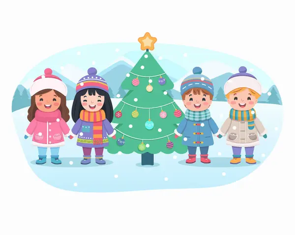 Mutlu Noeller. Beyaz arka planda el ele tutuşan sevimli ve dost canlısı çokuluslu çocuklar ve Noel ağacı. Poster, Banner, Flyer, tebrik kartı. Çizgi film tarzında vektör illüstrasyonu