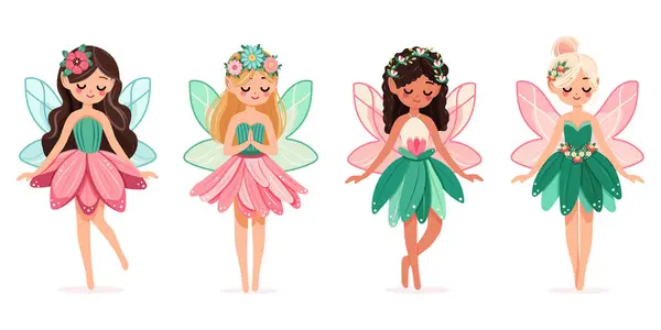 Beyaz arka planda çiçekli elbisesi olan sevimli ve mütevazı orman perisi. Poster, Banner, Flyer, tebrik kartı. Çizgi film tarzında vektör illüstrasyonu