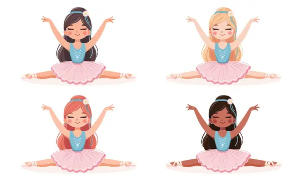 Pembe ve mavi elbiseli farklı balerin kızlar beyaz arka planda ayrılıyorlar. Poster, Banner, Flyer, tebrik kartı. Çizgi film tarzında vektör illüstrasyonu