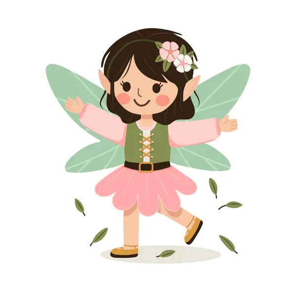 Beyaz arka planda kanatları olan tatlı orman perisi kız. Poster, Banner, Flyer, tebrik kartı. Çizgi film tarzında vektör illüstrasyonu
