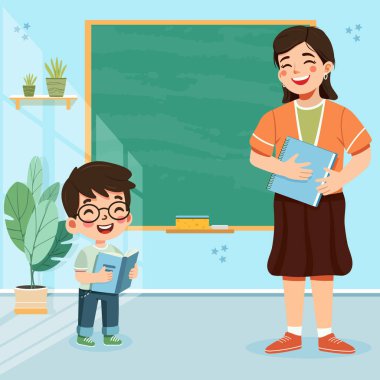 Okulda elinde kitaplarla tahtaya dikilmiş öğretmeniyle gülümseyen sevimli öğrenciler. Çizgi film tarzında vektör illüstrasyonu