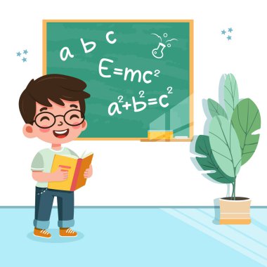 Sınıfta tahtanın önünde duran sevimli ve mutlu öğrenci çocuk. Okul konseptine geri dönelim. Çizgi film tarzında vektör illüstrasyonu