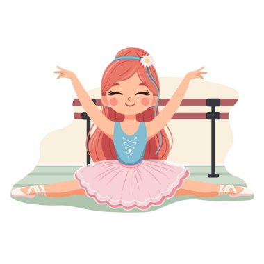 Pembe ve mavi elbiseli güzel ve nazik balerin kız balerinler salonunda beyaz arka planda ikiye ayrılıyor. Poster, Banner, Flyer, tebrik kartı. Çizgi film tarzında vektör illüstrasyonu