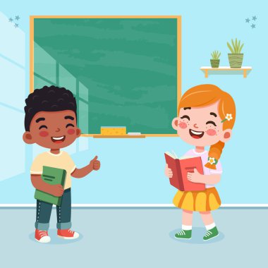 Sınıfta kara tahtanın önünde duran sevimli ve mutlu uluslararası öğrenciler. Poster, Banner, Flyer, Şablon, Tebrik Kartı. Çizgi film tarzında vektör illüstrasyonu