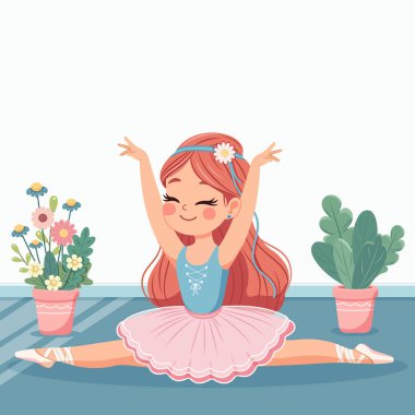 Pembe ve mavi elbiseli şirin balerin şablonu ikiye bölünüyor ve beyaz arka plana özel bir metin yerleştiriliyor. Poster, Banner, Flyer, tebrik kartı. Çizgi film tarzında vektör illüstrasyonu