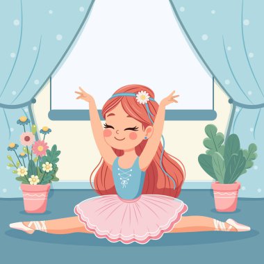 Pembe ve mavi elbiseli şirin balerin şablonu ikiye bölünüyor ve beyaz arka plana özel bir metin yerleştiriliyor. Poster, Banner, Flyer, tebrik kartı. Çizgi film tarzında vektör illüstrasyonu