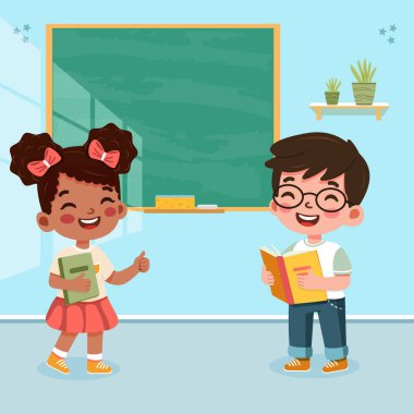 Sınıfta kara tahtanın önünde duran sevimli ve mutlu uluslararası öğrenciler. Poster, Banner, Flyer, Şablon, Tebrik Kartı. Çizgi film tarzında vektör illüstrasyonu