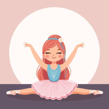 Pembe ve mavi elbiseli güzel ve nazik balerin kız ayrılıyor. Poster, Banner, Flyer, tebrik kartı. Çizgi film tarzında vektör illüstrasyonu