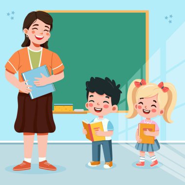 Sınıfta tahtada duran gülümseyen öğrenci ve öğretmen. Okul konseptine geri dönelim. Çizgi film tarzında vektör illüstrasyonu