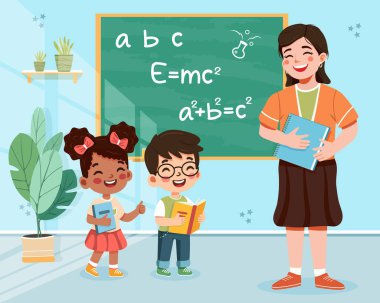 Sınıfta tahtada duran gülümseyen öğrenci ve öğretmen. Okul konseptine geri dönelim. Çizgi film tarzında vektör illüstrasyonu