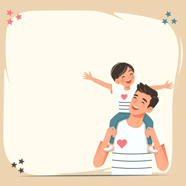 Babalar günün kutlu olsun. Gülümseyen oğul babanın omuzlarında oturuyor. Çizgi film tarzında vektör illüstrasyonu