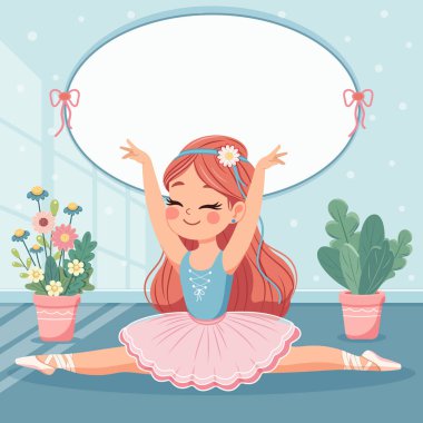 Pembe ve mavi elbiseli şirin balerin şablonu ikiye bölünüyor ve beyaz arka plana özel bir metin yerleştiriliyor. Poster, Banner, Flyer, tebrik kartı. Çizgi film tarzında vektör illüstrasyonu