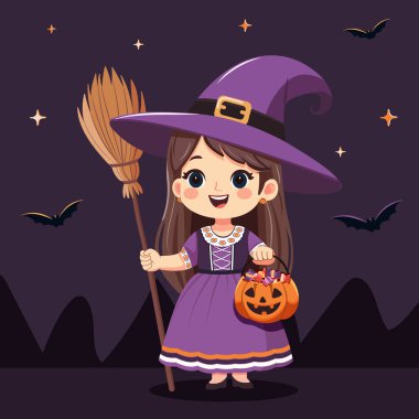 Süpürge ve şekerli balkabağı sepeti olan cadı kostümlü tatlı bir kız. Mutlu Cadılar Bayramı. Düz çizgi film tarzında Vektör İllüstrasyonu