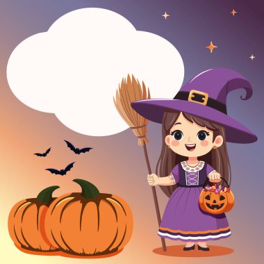 Süpürge ve şekerli balkabağı sepeti olan cadı kostümlü tatlı bir kız. Mutlu Cadılar Bayramı. Düz çizgi film tarzında Vektör İllüstrasyonu