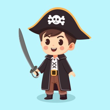 Beyaz arka planda kılıcı olan nazik ve tatlı bir korsan. Çizgi film karakteri düz stil. Vektör illüstrasyonu