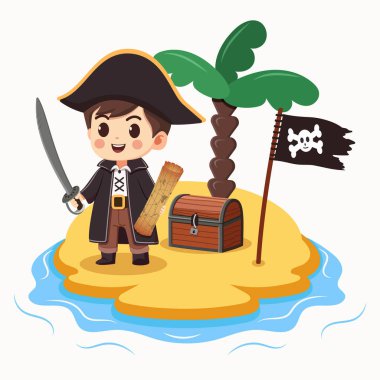 Kılıcı ve haritası olan nazik ve sevimli bir korsan çocuğu palmiye ağacı ve göğsü olan bir adada. Beyaz arka planda düz stil çizgi film karakteri. Vektör illüstrasyonu