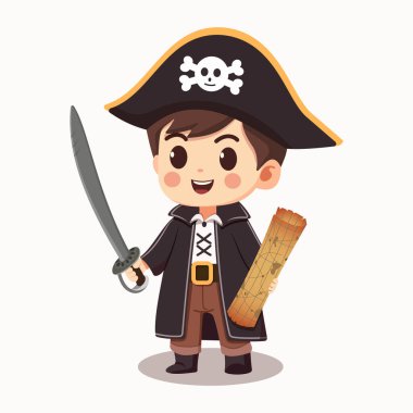 Beyaz arka planda kılıcı ve haritası olan nazik ve tatlı bir korsan. Çizgi film karakteri düz stil. Vektör illüstrasyonu