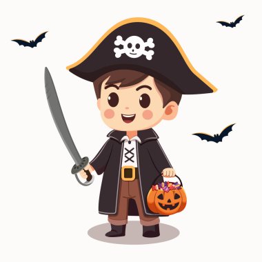 Kılıçlı nazik ve tatlı çocuk korsan ve balkabağı sepeti beyaz arka planda şekerleme. Mutlu Cadılar Bayramı konsepti. Çizgi film karakteri düz stil. Vektör illüstrasyonu