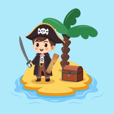 Kılıcı ve haritası olan nazik ve sevimli bir korsan çocuğu palmiye ağacı ve göğsü olan bir adada. Çizgi film karakteri düz stil. Vektör illüstrasyonu