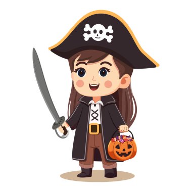 Kılıçlı nazik ve tatlı kız korsan ve balkabağı sepeti beyaz arka planda şekerleme. Mutlu Cadılar Bayramı konsepti. Çizgi film karakteri düz stil. Vektör illüstrasyonu