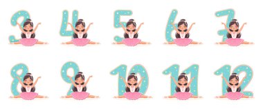 Pembe ve mavi elbiseli güzel balerinler beyaz arka planda ayrılıyorlar. Çizgi film tarzında vektör illüstrasyonu