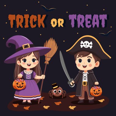 Cadı kostümlü tatlı kız ve şekerli balkabağı sepetli erkek korsan. Mutlu Cadılar Bayramı şakası için çizgi film karakteri. Düz çizgi film tarzında Vektör İllüstrasyonu