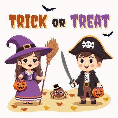 Cadı kostümlü tatlı kız ve şekerli balkabağı sepetli erkek korsan. Beyaz arka planda Mutlu Cadılar Bayramı şakası ya da şekeri çizgi film karakteri. Düz çizgi film tarzında Vektör İllüstrasyonu