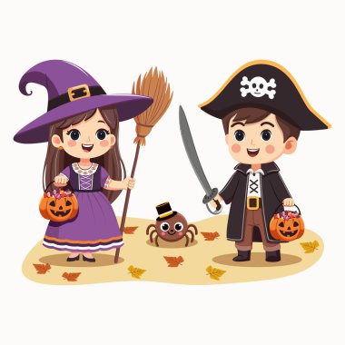 Cadı kostümlü tatlı kız ve şekerli balkabağı sepetli erkek korsan. Beyaz arka planda Mutlu Cadılar Bayramı için çizgi film karakteri. Düz çizgi film tarzında Vektör İllüstrasyonu