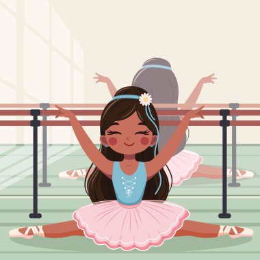 Pembe ve mavi elbiseli güzel ve nazik balerin kız beyaz arka planda ikiye ayrılıyor. Poster, Banner, Flyer, tebrik kartı. Çizgi film tarzında vektör illüstrasyonu