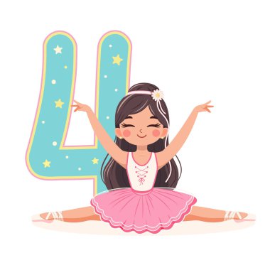 Pembe ve mavi elbiseli güzel balerin kız beyaz arka planda 4 numarayla ayrılıyor. 4 numaralı balerin. Çizgi film tarzında vektör illüstrasyonu